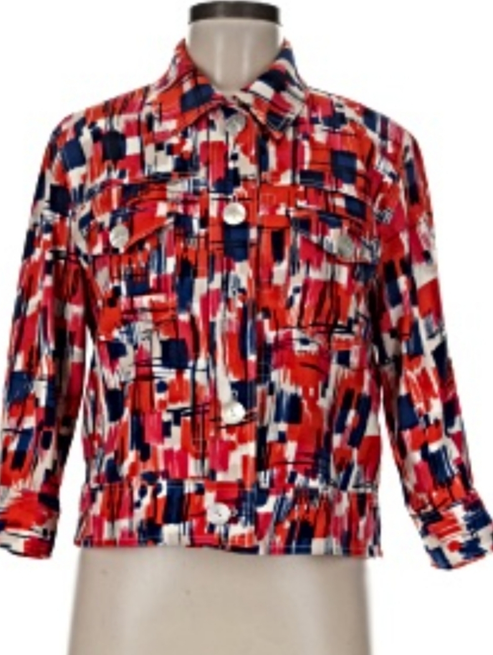 Ruby Rd. Red Navy White Abstract Print Jacket